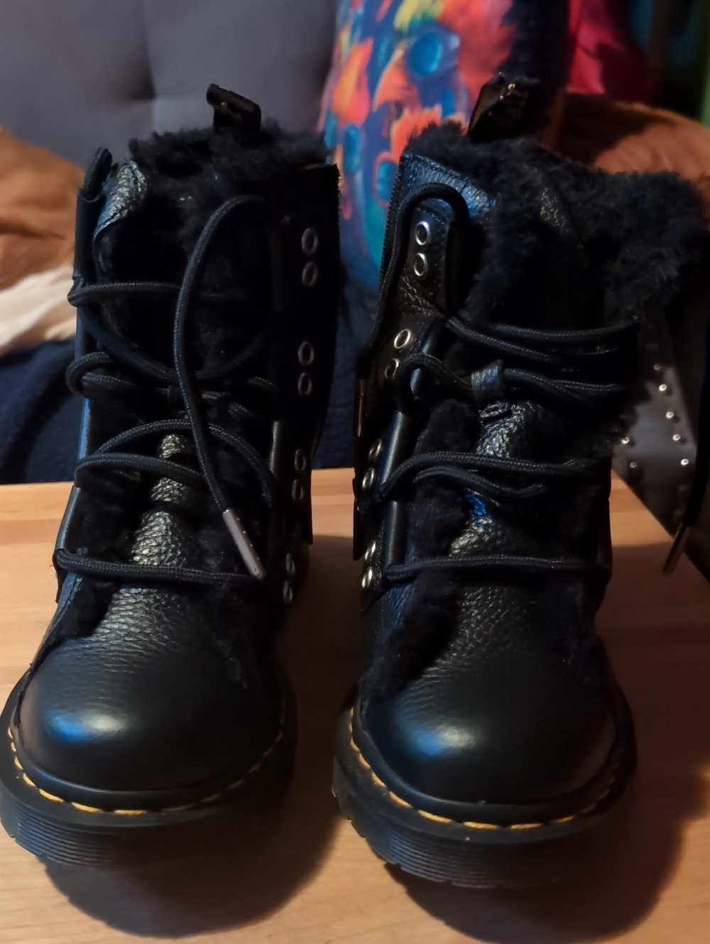 Dr. Martens Black Lace Up And Side Zip Faux Fur Lined Leather Boots.